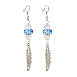 Blue Feather with Round Beads Long Dangle Earrings for Girl Women, Antique Silver, Blue, 95.5mm, Pin: 0.7mm