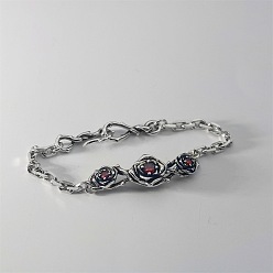 Antique Silver Vintage Alloy Ruby Rhinestone Rose Flower Link Bracelets, Antique Silver, 7.87 inch(20cm)