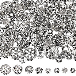 Antique Silver 160Pcs 8 Style Tibetan Style Alloy Flower Bead Caps, Antique Silver, 7~12x1.5~5mm, hole: 1~2.5mm, 20pcs/style