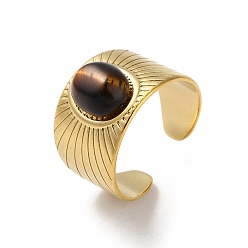 Tiger Eye 304 Stainless Steel Cuff Rings, with Natural Tiger Eye, Oval, Adjustable