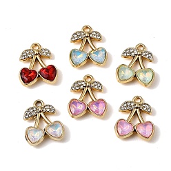 Golden Alloy Rhinestone Pendants, Cherry Charms, with Glass, UV Plating, Mixed Color, Golden, 18.7x15x4mm, Hole: 1.8mm
