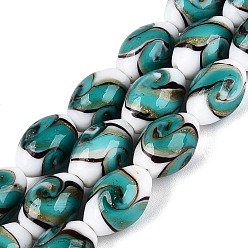 Teal Handgemachte Glasperlen Goldsand-Stränge, Oval mit Wirbelmuster, teal, 14.5~16.5x11 mm, Bohrung: 0.5~1.2 mm, ca. 23~25 Stk. / Strang, 14.17~15.55 Zoll (36~39.5 cm)