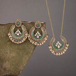 Зеленый Комплект из ожерелья с подвеской в виде капли и кольца из сплава и пластиковой жемчужной эмали и серег-гвоздиков, золотые, зелёные, 410 мм