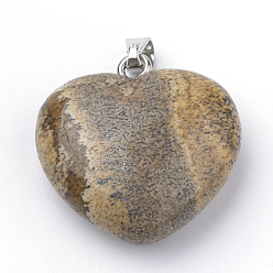 Пейзажный Джаспер Естественного изображения яшмы подвески, со сплавочной фурнитурой, сердце, платина, 27~29x28x11 мм, отверстие : 3.5x5 мм