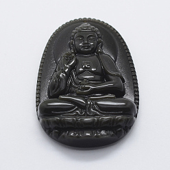 Obsidian Carved Natural Obsidian Big Pendants, Buddha, 53x34x9mm, Hole: 1.5mm