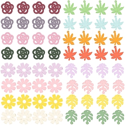 Couleur Mélangete Peints en bois pendentifs, fleurs et feuilles, couleur mixte, 30~49.5x24~49x2.5~3mm, environ 64 pcs / ensemble
