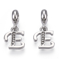 Letter E Европейские подвески с подвесками из платинового сплава со стразами, Подвески с большими отверстиями, буквы, без кадмия и без свинца, letter.e, 23~27 мм, отверстие : 4.5 мм, подвески: 13~16.5x6~14x2 мм, отверстие : 2 мм