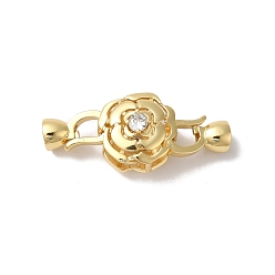 Golden Rack Plating Brass Micro Pave Clear Cubic Zirconia Fold Over Clasps, Cadmium Free & Lead Free, Long-Lasting Plated, Flower, Golden, 35mm, Hole: 4.5mm
