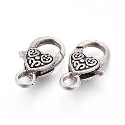 Thailand Sterling Silver Plated Tibetan Style Heart Lobster Claw Clasps, Cadmium Free & Nickel Free & Lead Free, Thailand Sterling Silver Plated, 26.5x14x6mm, Hole: 4mm