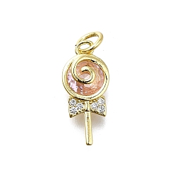 Pink Латунные микро проложить кубического циркония подвески, леденцы прелести, с целью перехода в кольце, долговечный, без свинца и без кадмия, реальный 18 k позолоченный, розовые, 17.5x7.5x4 мм, отверстие : 3 мм