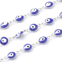 Mauve 304 Stainless Steel Enamel  Link Chains, Evil Eye, Unwelded, with Spool, Stainless Steel Color, Mauve, 15x8x3mm, 16.4 Feet(5m)/roll
