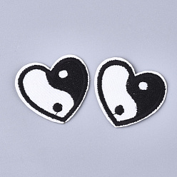 White Feng Shui Computerized Embroidery Cloth Iron On Patches, Costume Accessories, Appliques, Heart with Yin Yang, Black & White, 30x34x1mm