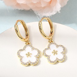 White Brass Micro Pave Clear Cubic Zirconia Enamel Dangle Hoop Earrings, Flower, Rack Plating, Long-Lasting Plated, Cadmium Free & Lead Free, Real 18K Gold Plated, White, 29.5x13.5mm