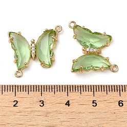 Dark Sea Green Brass Pave Faceted Glass Connector Charms, Golden Tone Butterfly Links, Dark Sea Green, 20x22x5mm, Hole: 1.2mm