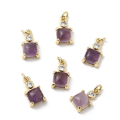 Аметист Квадратные подвески из натурального аметиста, с латунными вставками из прозрачных кубических цирконий, реальный 18 k позолоченный, без кадмия и без свинца, стойки покрытие, долговечный, 12.5x7x5 мм, отверстие : 2.4 мм