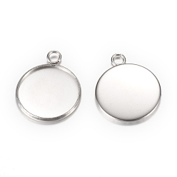 Stainless Steel Color 304 Stainless Steel Pendant Cabochon Settings, Plain Edge Bezel Cups, Flat Round, Stainless Steel Color, Tray: 20mm, 26.5x22x2mm, Hole: 3mm