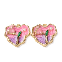 Ярко-Розовый Сплав эмали цветочные кулоны, подвески в форме сердца с искусственным жемчугом и блестящей пудрой, стойки покрытие, золотой свет, ярко-розовый, 23x24.5x6.5 мм, отверстие : 2.2 мм