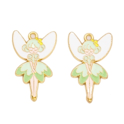 Светло-зеленый Стойки обшивки сплава эмали подвески, золотые, ангельские волшебные чары, светло-зеленый, 30x19x1.5 мм, отверстие : 1.8 мм