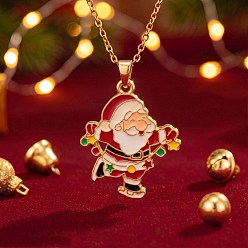 Santa Claus Рождественские латунные подвески с красной эмалью, с 304 кабельными цепочками из нержавеющей стали, золотые, Дед Мороз, 17.72 дюйм (45 см), Кулон : 25.5x21.5 мм
