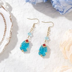 Небесно-голубой Серьги-капли из бисера ручной работы из стекла, золотые, голубой, 60x13~14 мм