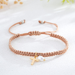 Сэнди Коричневый Браслеты с подвесками из латуни и искусственного жемчуга, плетеные браслеты из полиэфирного шнура для женщин, овальные с листа, песчаный коричневый, 11.02 дюйм (28 см)