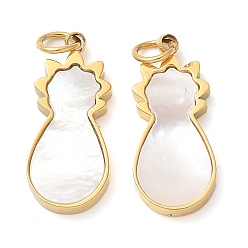 Золотой 304 подвески в форме кошки из натуральной белой ракушки из нержавеющей стали, с прыжковых колец, ручная полировка, ионное покрытие (ip), золотые, 16.5x7x1.5 мм, отверстие : 2.5 мм