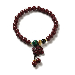 Others 6mm Round Cinnabar Mala Stretch Bracelets, with Synthetic Malachite and Natural Agate, Chinese Knot, Inner Diameter: 2 inch(4.95~5.1cm)