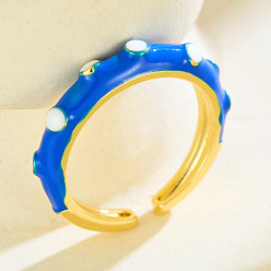 Dodger Blue Brass Enamel Cuff Open Rings for Women, Golden, Dodger Blue, 15~20mm