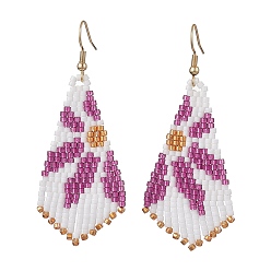 Средняя Орхидея Серьги с подвесками из стеклянного бисера, с 304 нержавеющей стали серьги крючки, ромб с цветочным узором, средне орхидеи, 69x29 мм