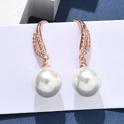 Розовое Золото Круглые серьги-подвески с микропаве из латуни и прозрачными кубическими цирконами, с ABS имитации жемчуга, без кадмия и без свинца, стойки покрытие, долговечный, розовое золото , 30x12 мм