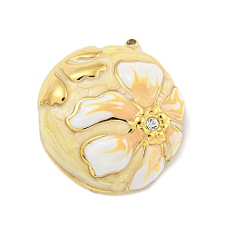 Светло-хаки Ионное покрытие (ip) 304 подвески из нержавеющей стали со стразами, с эмалью, реальный 18 k позолоченный, полукруглый с цветочной подвеской, светлый хаки, 30x26.5x8 мм, отверстие : 1.5 мм