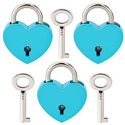 Light Blue 4Set Alloy Padlock Mini Lock with Key, for Jewelry Box Storage Box Diary Book, Heart, Light Blue, 25x32x6.5mm