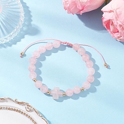 Розовый Кварц Женские плетеные браслеты из бусин натурального розового кварца, круглый и крест, внутренний диаметр: 2~3-1/2 дюйм (5.2~9 см)