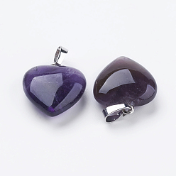 Amethyst Natural Amethyst Pendants, with Brass Findings, Heart, Platinum, 23x20x7~9mm, Hole: 5x8mm