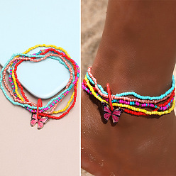 Камелия Комплекты многослойных браслетов на лодыжку из богемской смолы и стеклянных бусин, с подвесками в виде бабочек из сплава эмали, камелия, 9-1/8 дюйм (230 мм), 5 шт / комплект