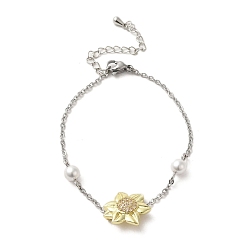 Golden Sunflower Brass Cubic Zirconia Link Bracelets, with Imitation Pearl, Golden, 6-3/8 inch(16.1cm)