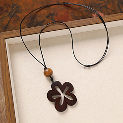 Цветок Деревянная подвеска, черный вощеный шнур, длинные цепочки для женщин, цветок, 31.50 дюйм (80 см), Кулон : 80x50 мм