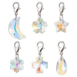 Платина 6шт. гальванизированные стеклянные подвесные украшения, застежки-клешни для украшений сумок, цветок/луна/крест, платина, 26.5~33 мм