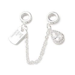 Посеребрённый Латунный микропаве прозрачный кубический цирконий кабельная цепочка европейские бусины, без кадмия, без никеля и без свинца, 925 серебро покрытием, 80 мм, отверстие : 4.5 мм, 12.5x7.5x5 mm и 12.5x7x1 mm