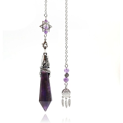 Amethyst Natural Amethyst Cone Dowsing Pendulum Big Pendants, with Meatl Woven Net/Web with Feather, Pendant: 68x16mm