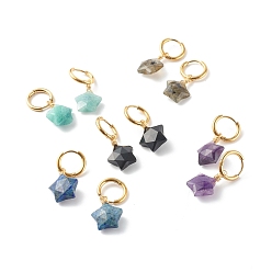 Смешанные камни 304 обруч серьги из нержавеющей стали замке, со смешанными подвесками из натуральных драгоценных камней, граненые, звезда, золотые, 32.5 мм, штифты : 1 мм