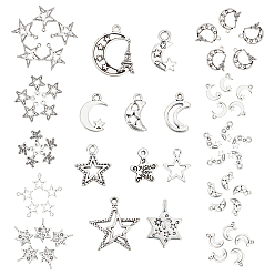 Antique Silver 80Pcs 10 Styles Tibetan Style Alloy Pendants, Star & Moon, Antique Silver, 8pcs/style

