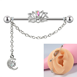 Луна 304 Двойные серьги-подвески из нержавеющей стали с кубическим цирконием для пирсинга хряща, цвет нержавеющей стали, луна, 38 мм, штифты : 1.6 мм, Руководитель: 5 mm