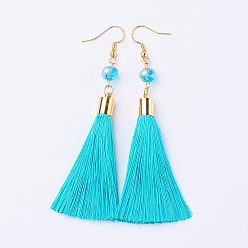 Cyan Ice Silk Thread Tassel Dangle Earrings, with Glass Beads and Brass Earring Hooks, Golden, Cyan, 93mm, Pin: 0.6mm, Pendant: 75x8mm