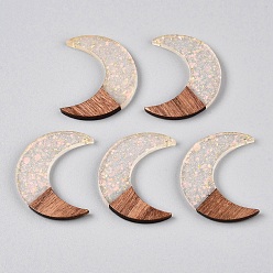 Бледно-Зеленый Подвески из эпоксидной смолы и орехового дерева, с пайеткой / блестками, луна, бледно-зеленый, 38x27~28.5x3.5 мм, отверстие : 1.6 мм