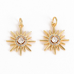 Настоящее золото 18K Кулоны солнечного затмения из латуни с прозрачным фианитом и прозрачным фианитом, с прыжковых колец, без никеля , солнце, реальный 18 k позолоченный, 16.5x14.5x2.5 мм, Перейти кольцо: 4.5x0.6 мм, 3.3 мм внутренним диаметром