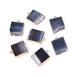 Полуночно-синий Окрашенные натуральные подвесные агатовые подвески, прямоугольные подвески с латунной фурнитурой, золотые, темно-синий, 29~31.5x22.5~23x7~9 мм, отверстие : 2~2.5 мм