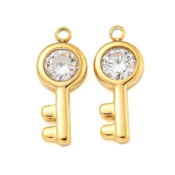 Настоящее золото 14K 304 подвески из нержавеющей стали, с более прозрачным фианитом, Брелоки для ключей, реальный 14 k позолоченный, 18x7x3 мм, отверстие : 1.5 мм
