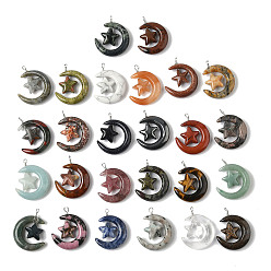 Смешанные камни Природные и синтетические смешанные каменные подвески, луна со звездными чарами, с петлями из медной проволоки, платина, 36~37x27~28x7.5~8 мм, отверстие : 4 мм