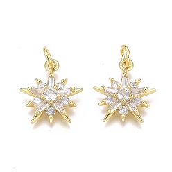 Настоящее золото 18K Латунные микропаве прозрачные подвески с фианитом, долговечный, с прыжковых колец, звезда, реальный 18 k позолоченный, 15x13.5x3.5 мм, отверстие : 3 мм, Перейти кольцо: 5x1 мм
